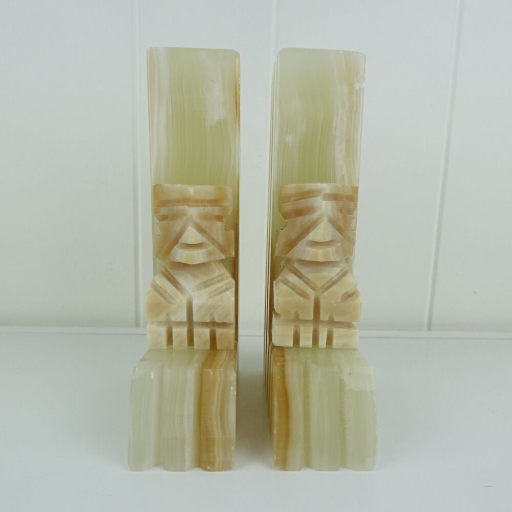 Vintage Onyx Mayan Inspired Bookends Hand-Carved Mid Century Decor